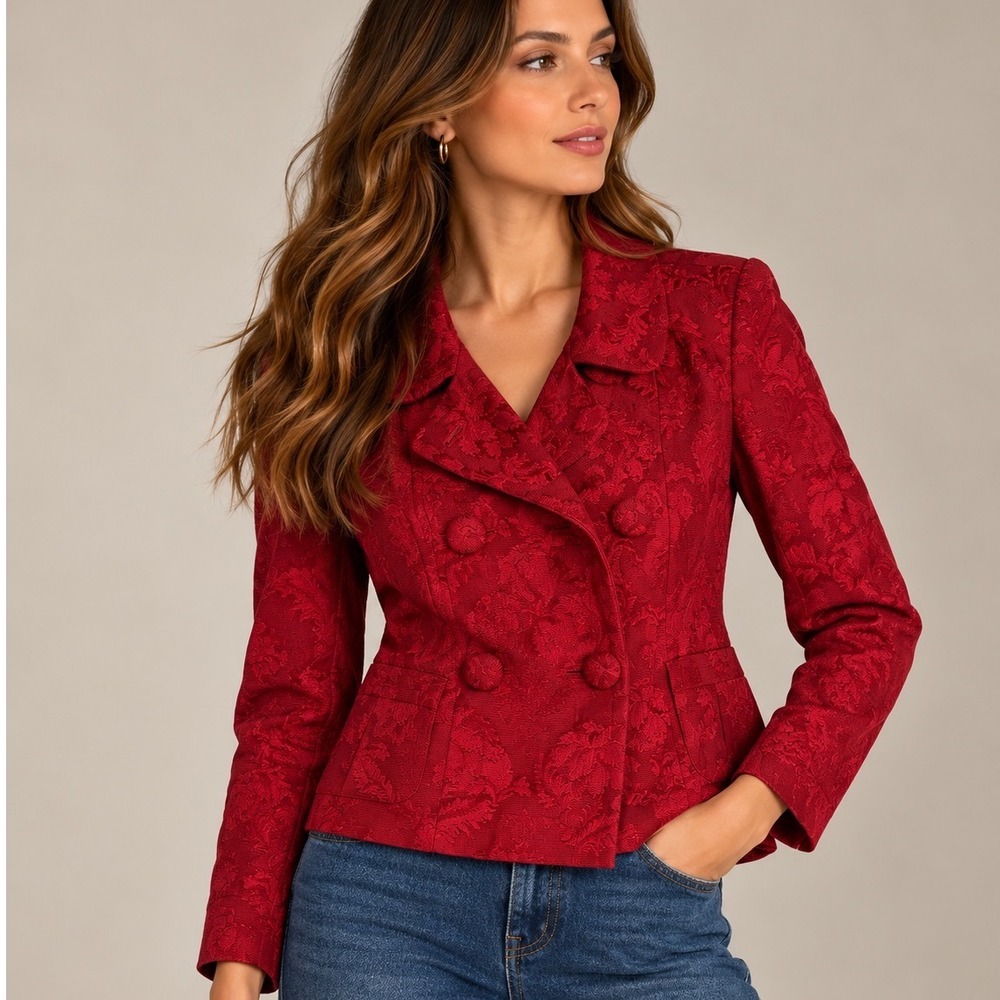 Talbots Jacquard Jacket Womens P Red Floral Damask Double Breasted Regencycore